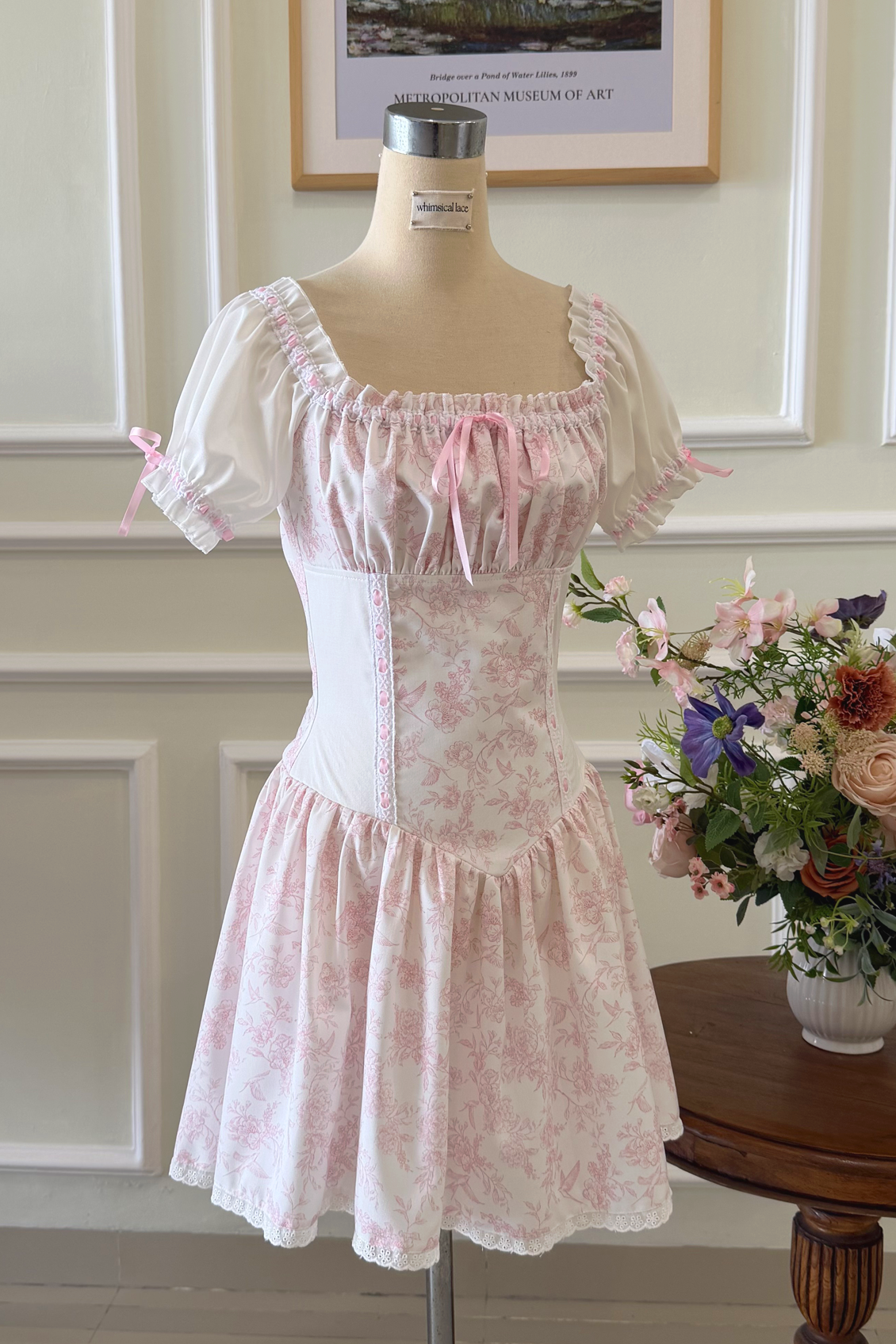Cecily Dress in Pink Toile Cotton