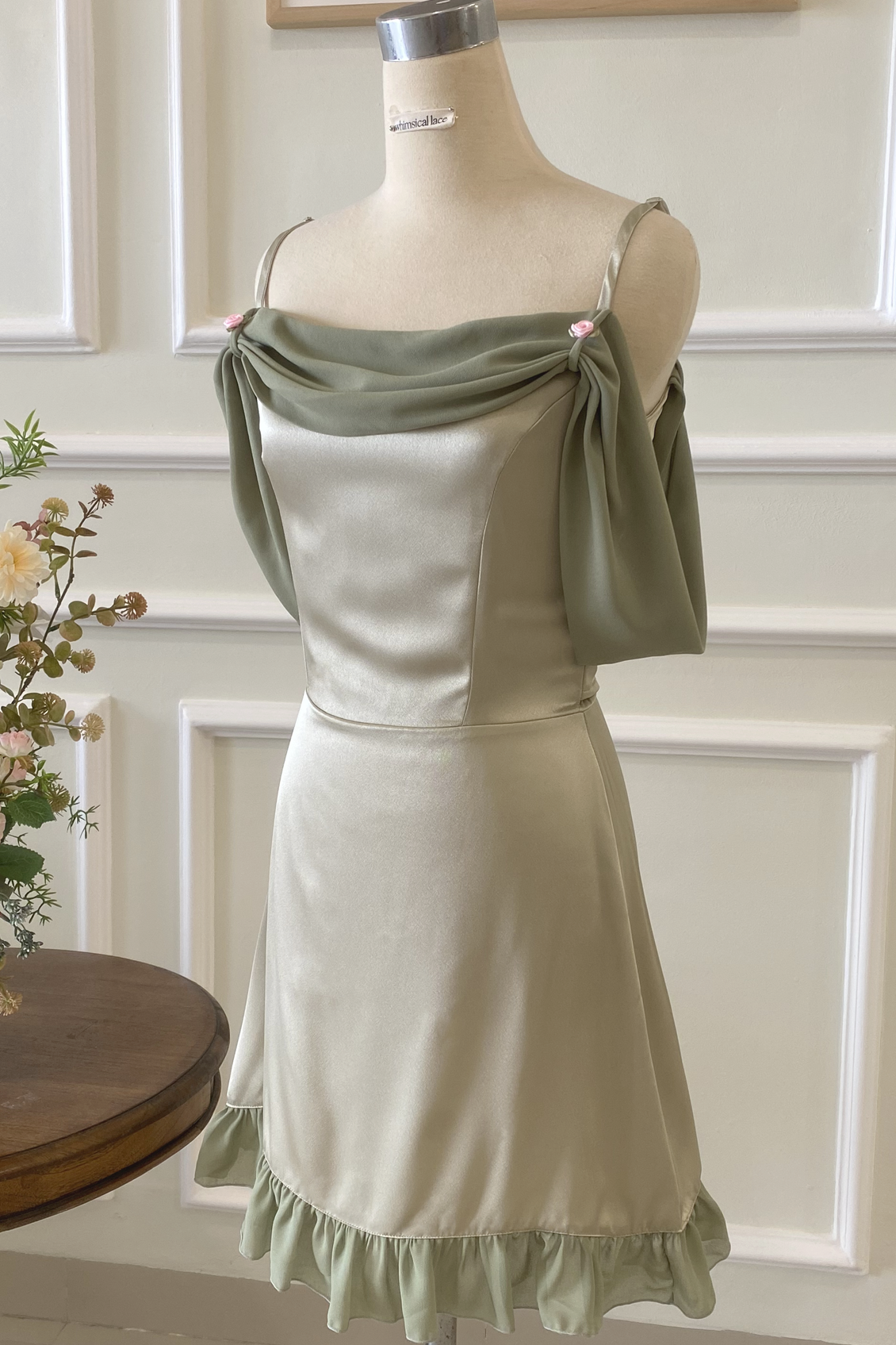 Kayla Dress in Sage Green Satin