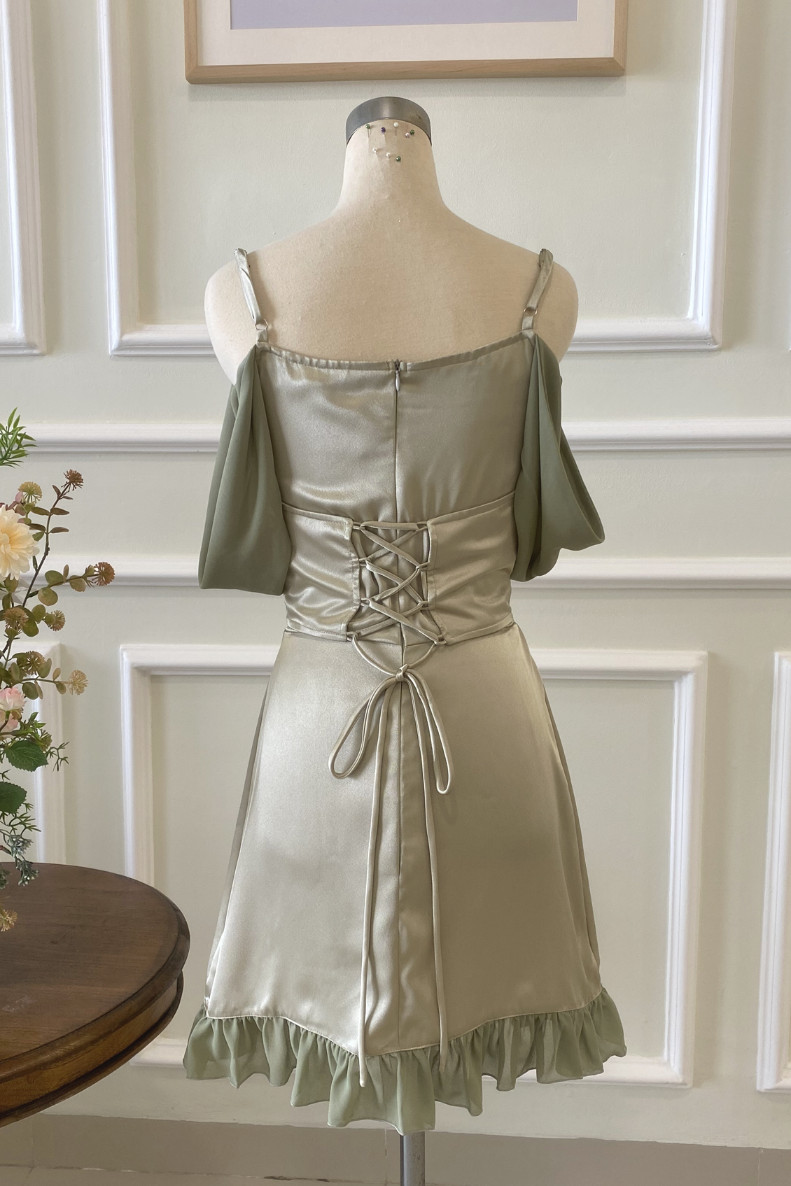 Kayla Dress in Sage Green Satin