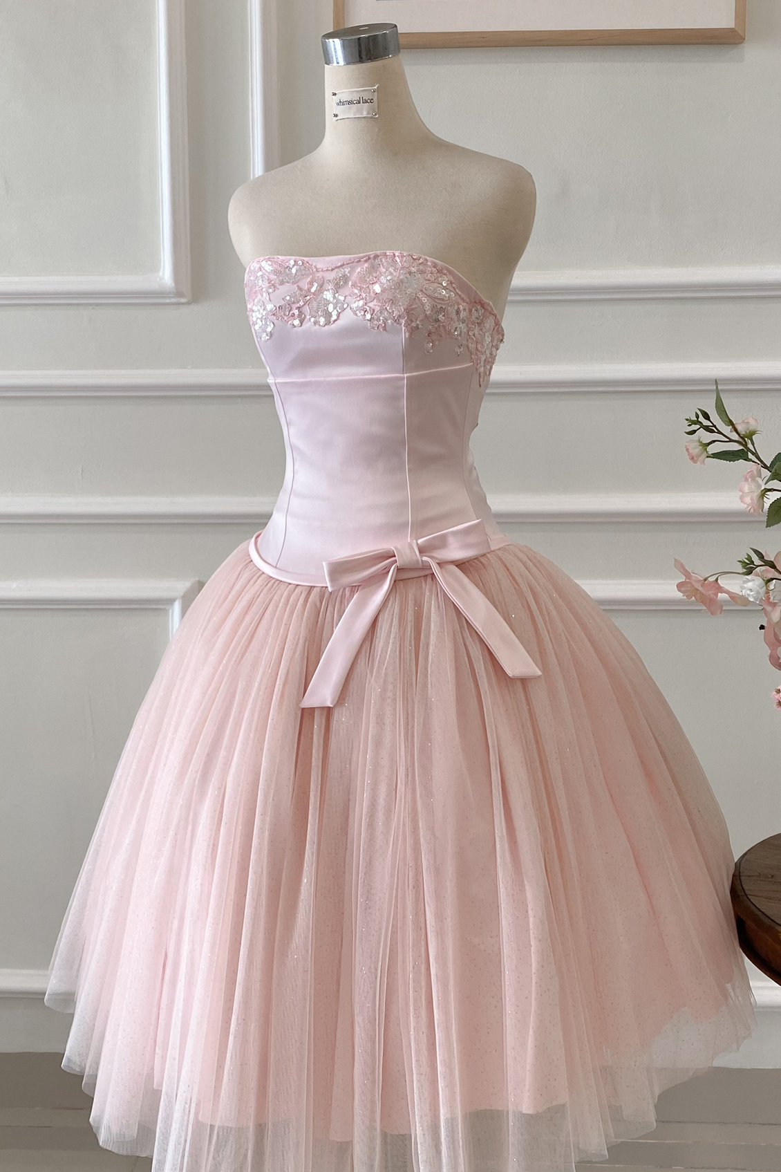open lace back dress Light Pink Lace Trim Handkerchief Midi Dress