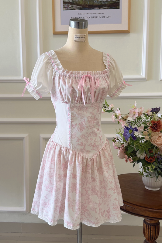 Cecily Dress in Pink Toile Cotton