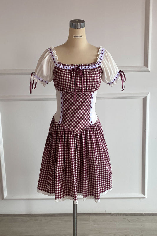 Cecily Dress in Wine Gingham Cotton