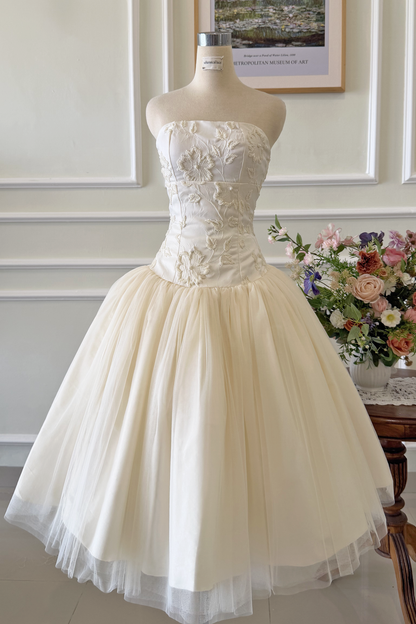 Ivory Beaded Tulle Tea Length Bridal Wedding Dress