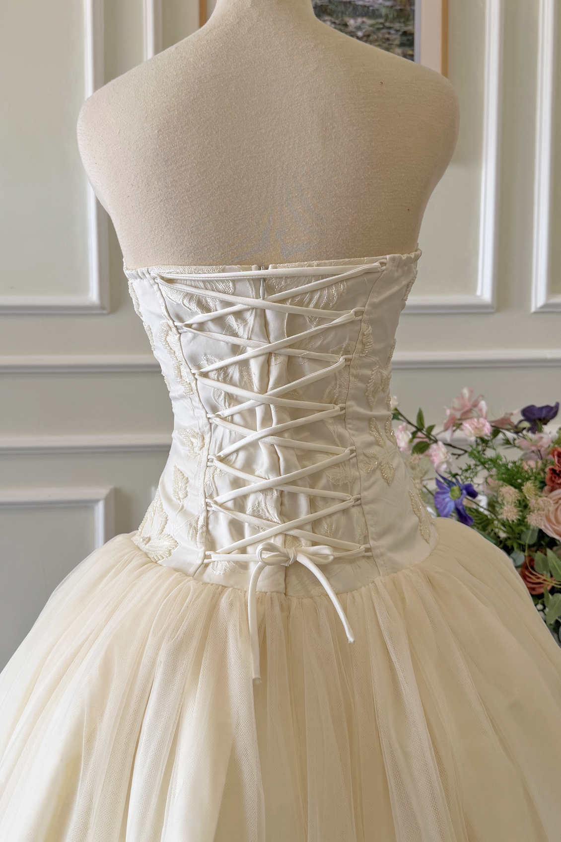 Ivory Beaded Tulle Tea Length Bridal Wedding Dress