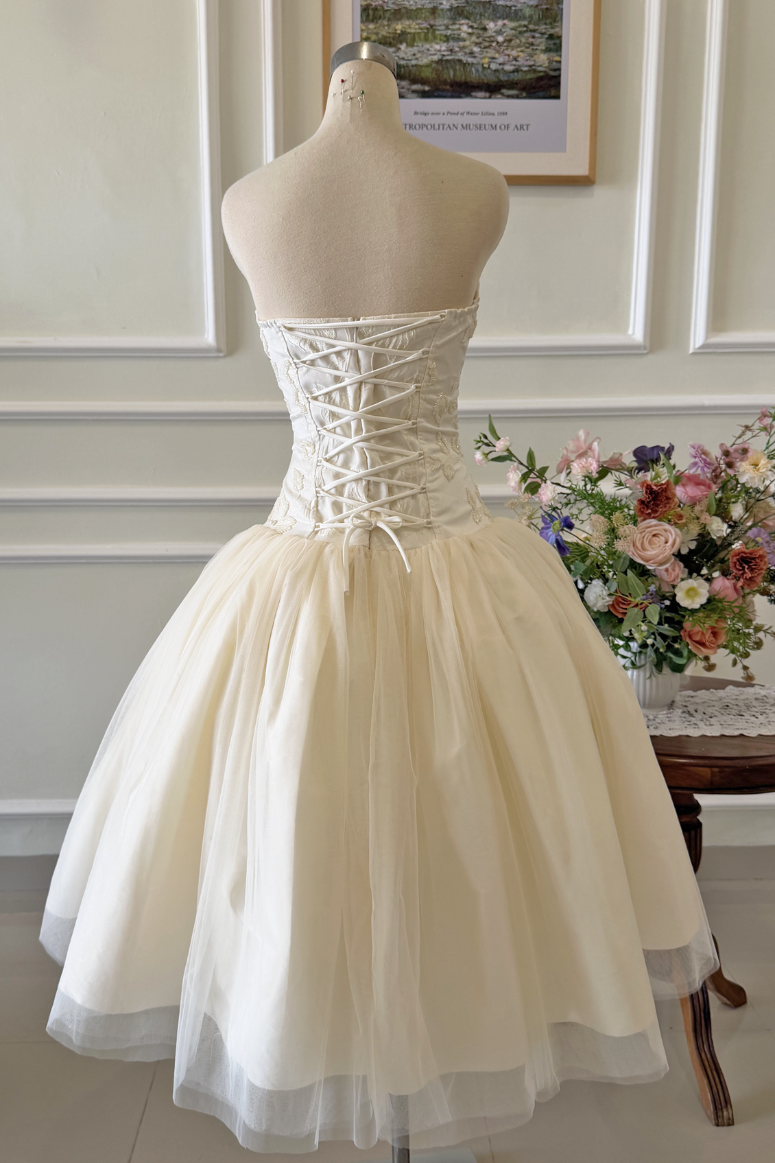 Ivory Beaded Tulle Tea Length Bridal Wedding Dress