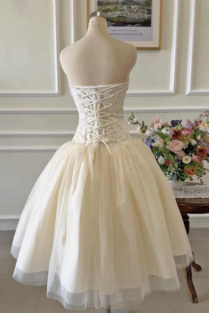 Ivory Beaded Tulle Tea Length Bridal Wedding Dress