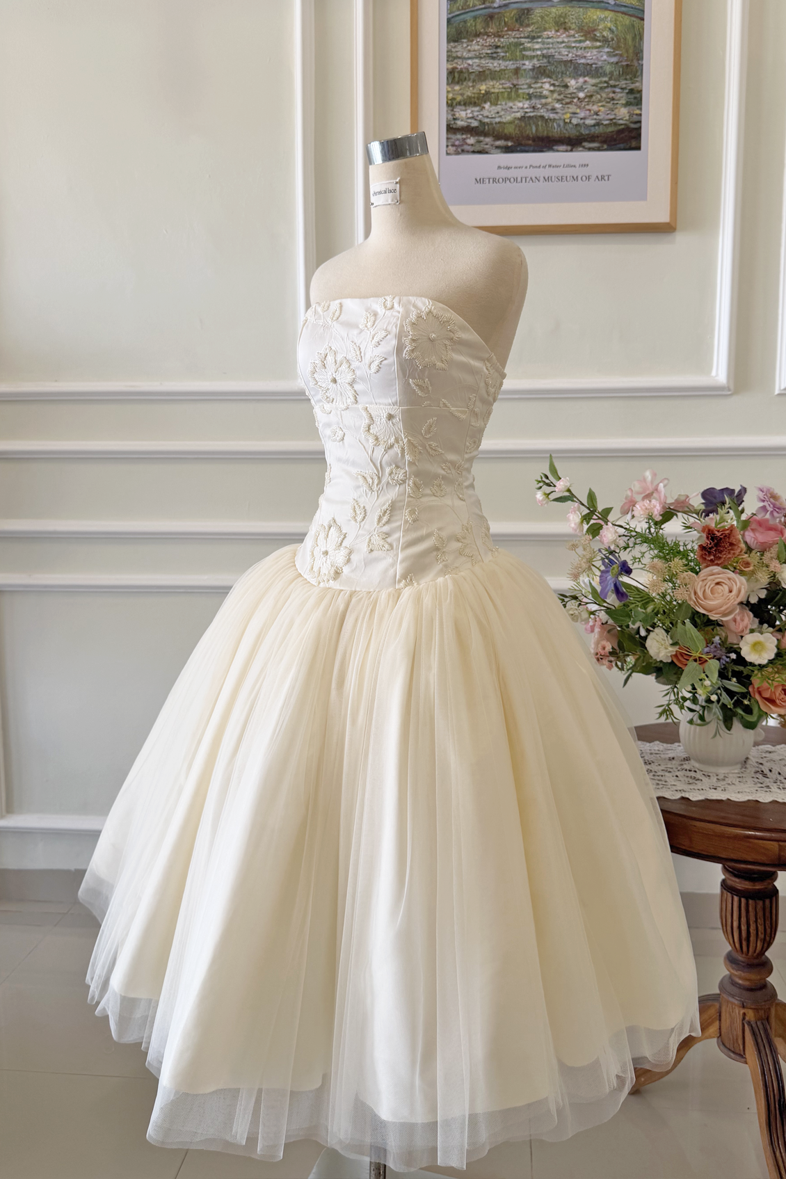 Ivory Beaded Tulle Tea Length Bridal Wedding Dress