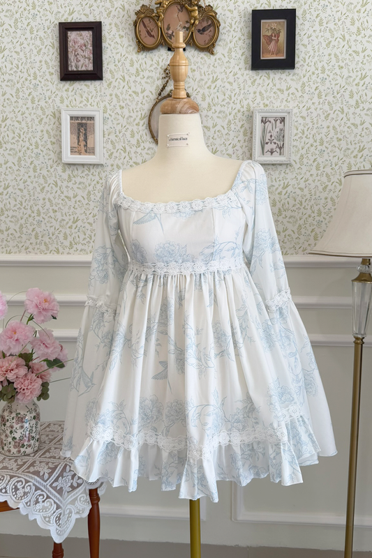 Juliet Dress in Blue Toile Cotton