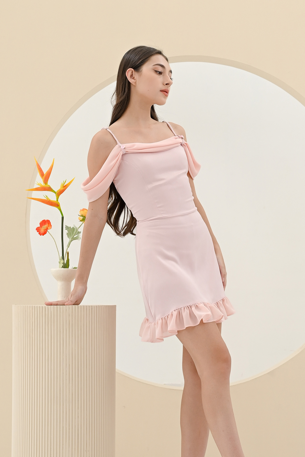 Asymmetrical Satin Dress-Baby Pink